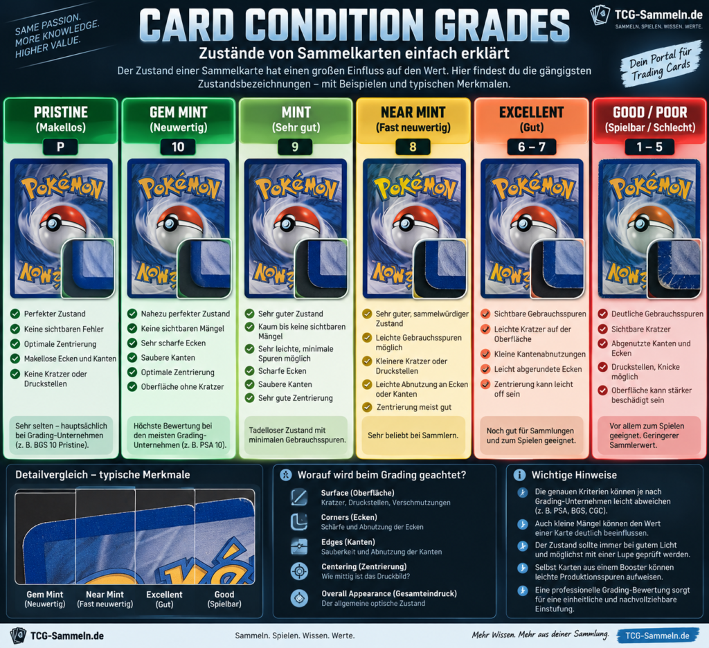 Was ist eine Sammelkarte wert? Das richtet sich nach dem Zustand, dieser kann anhand dieser Infografik abgelesen werden.